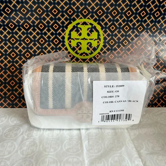 Tory Burch Felix Striped Canvas Mini Flap Shoulder Bag Crossbody Canvas Black - Picture 11 of 11